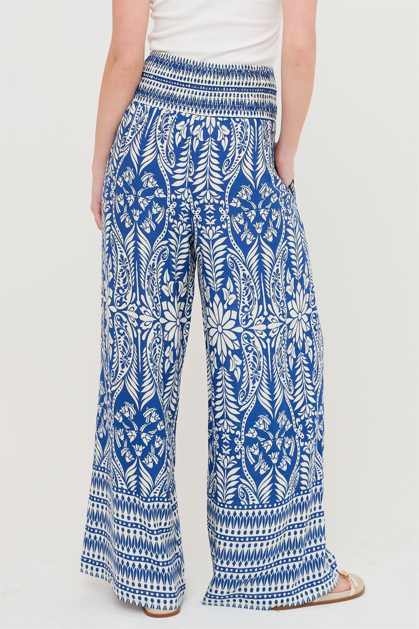 smocked waist floral print pants