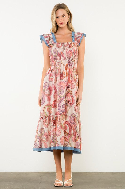 Smocked Flutter Sleeve Paisley Print Maxi Dress