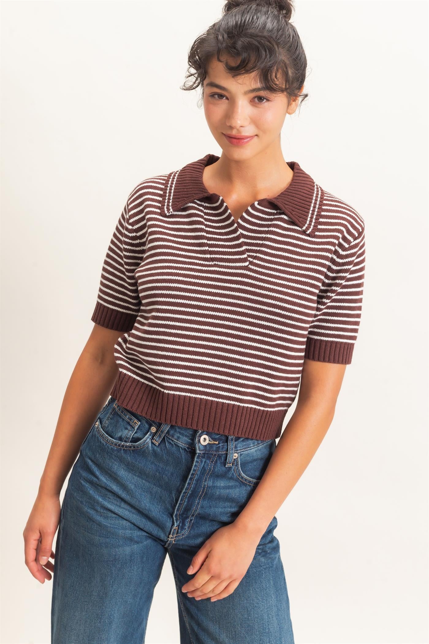 Allison Striped Sweater Collar Knit Top