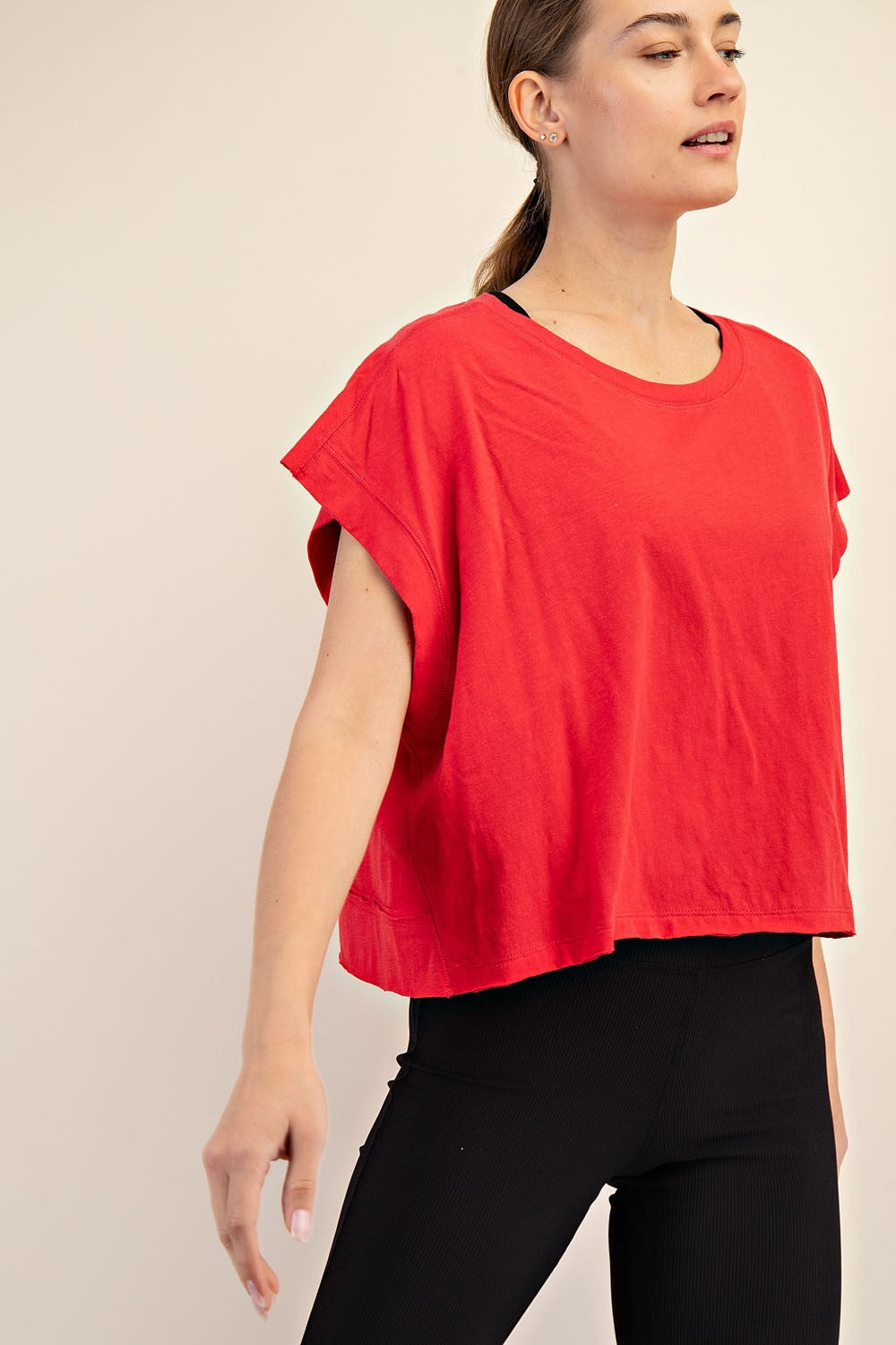 Oversized cotton slub cropped short sleeve top with open back detail