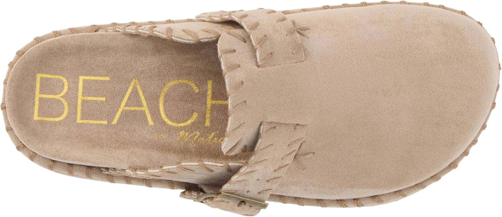 Women’s faux suede slip-on mule with oversized buckle and whipstitch trim