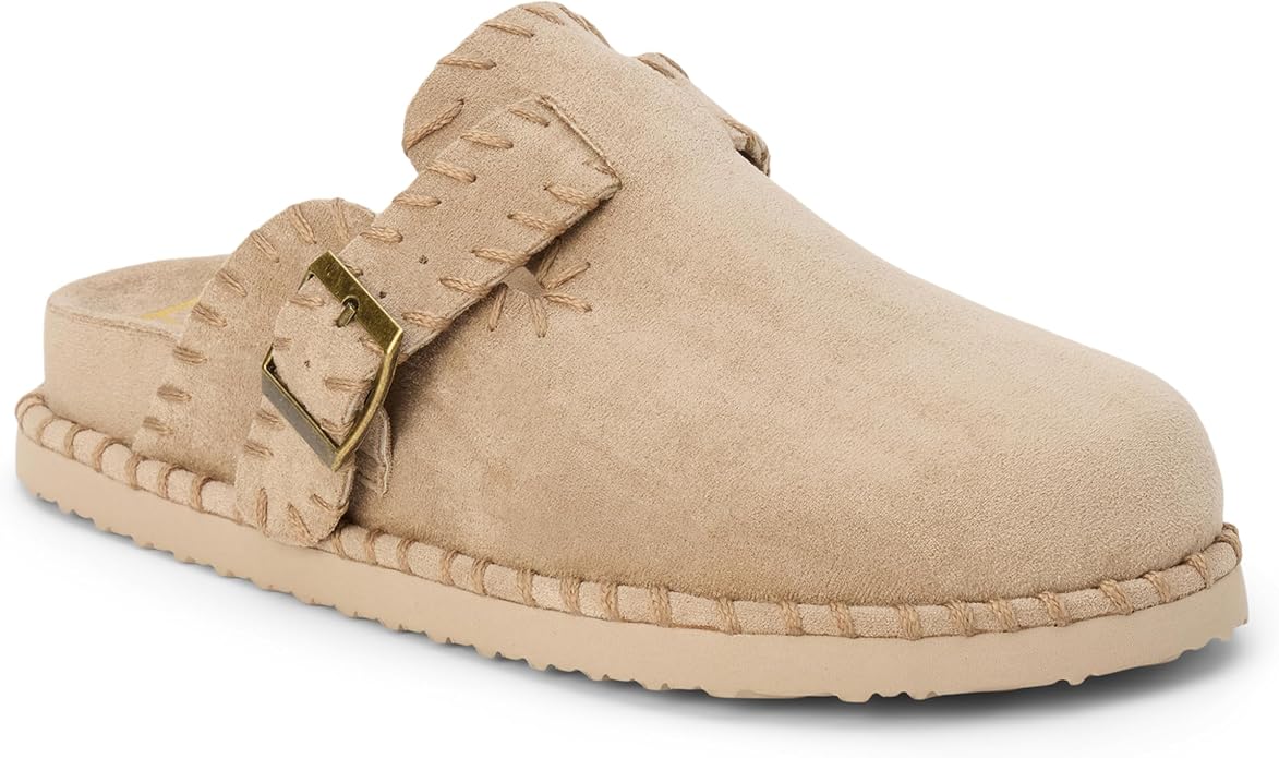 Women’s faux suede slip-on mule with oversized buckle and whipstitch trim