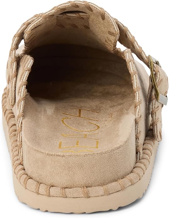 Women’s faux suede slip-on mule with oversized buckle and whipstitch trim