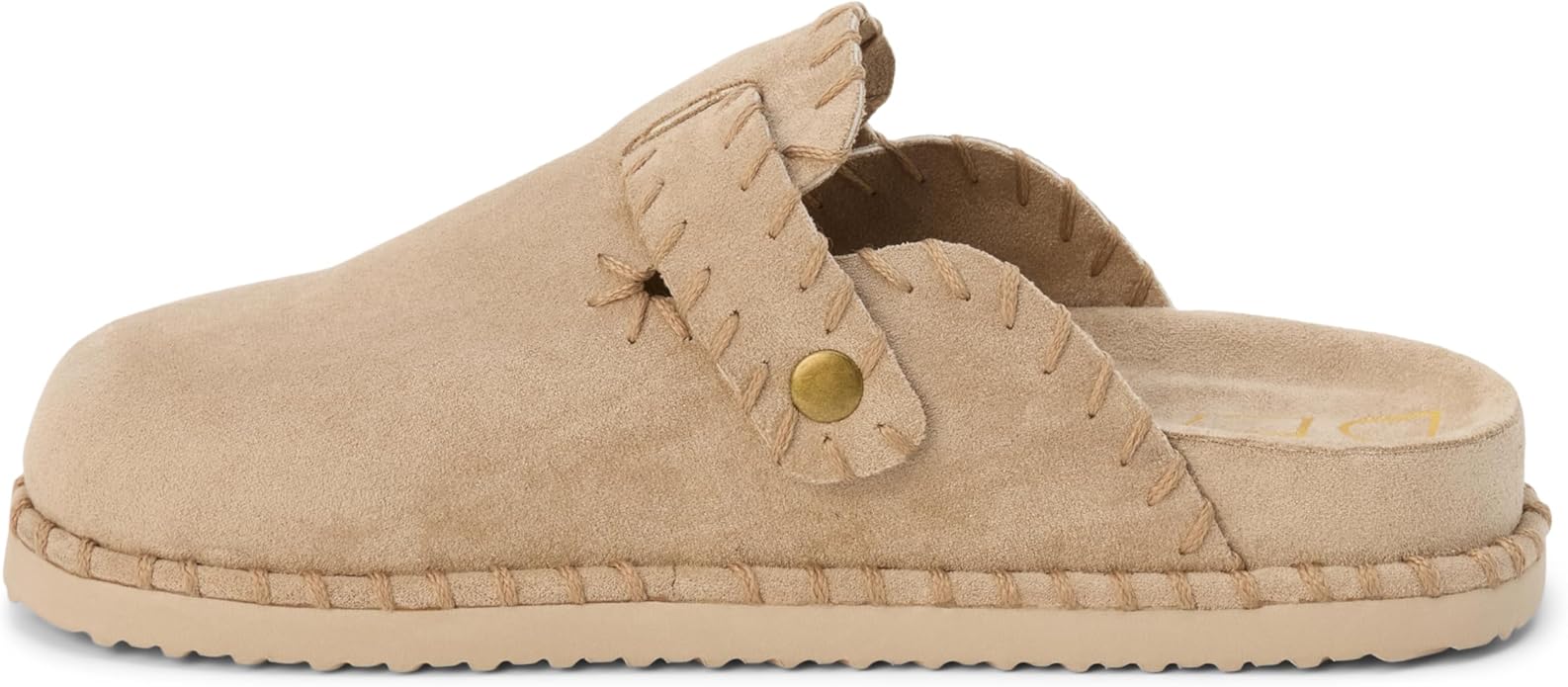 Women’s faux suede slip-on mule with oversized buckle and whipstitch trim