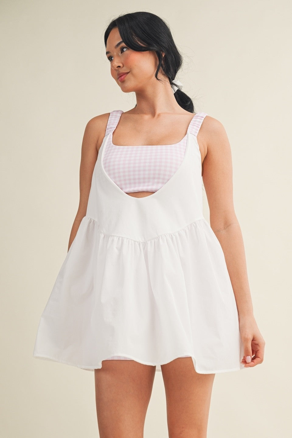 Sporty mini dress with gingham bra detail