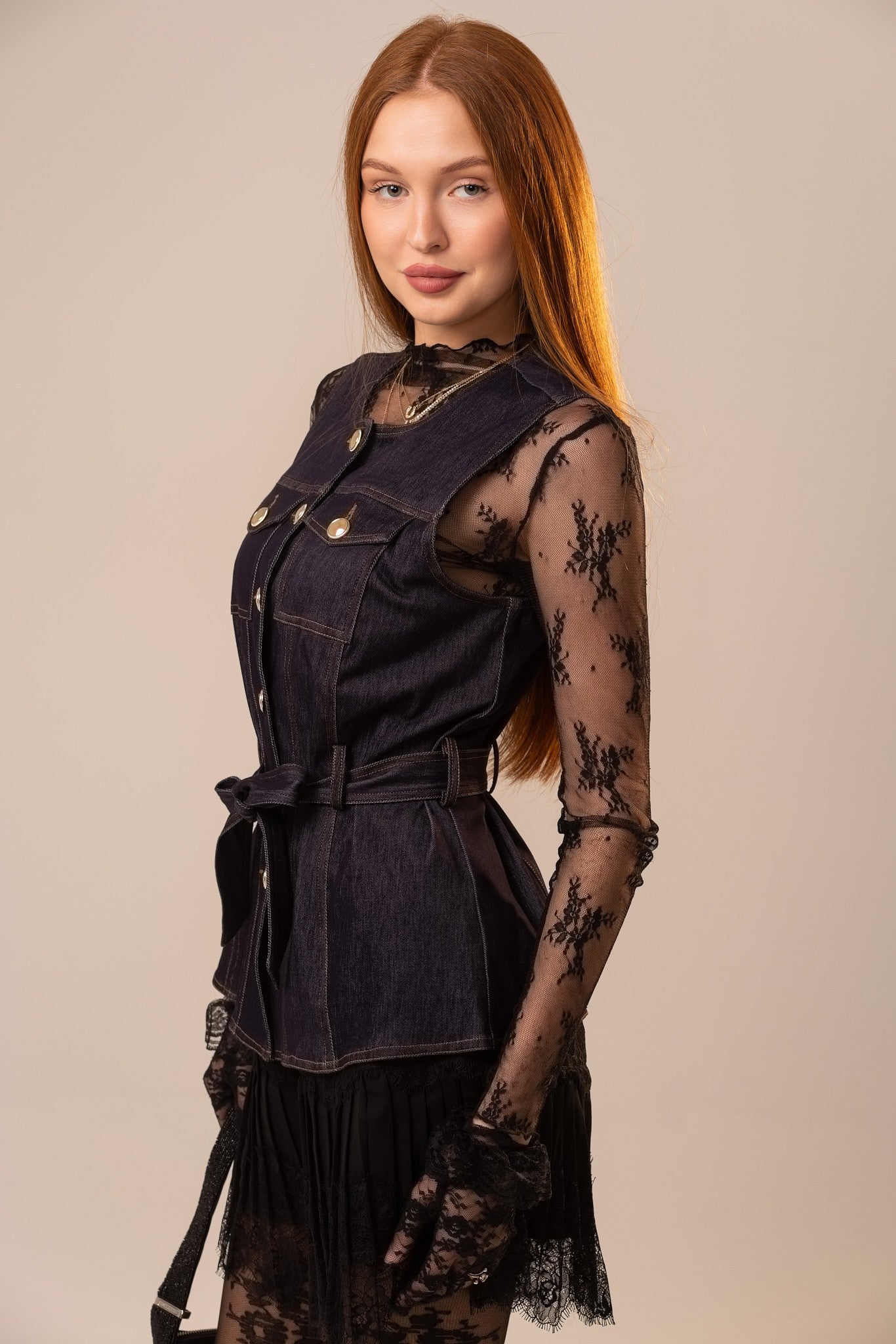 Women’s stretch twill denim vest with belted waist