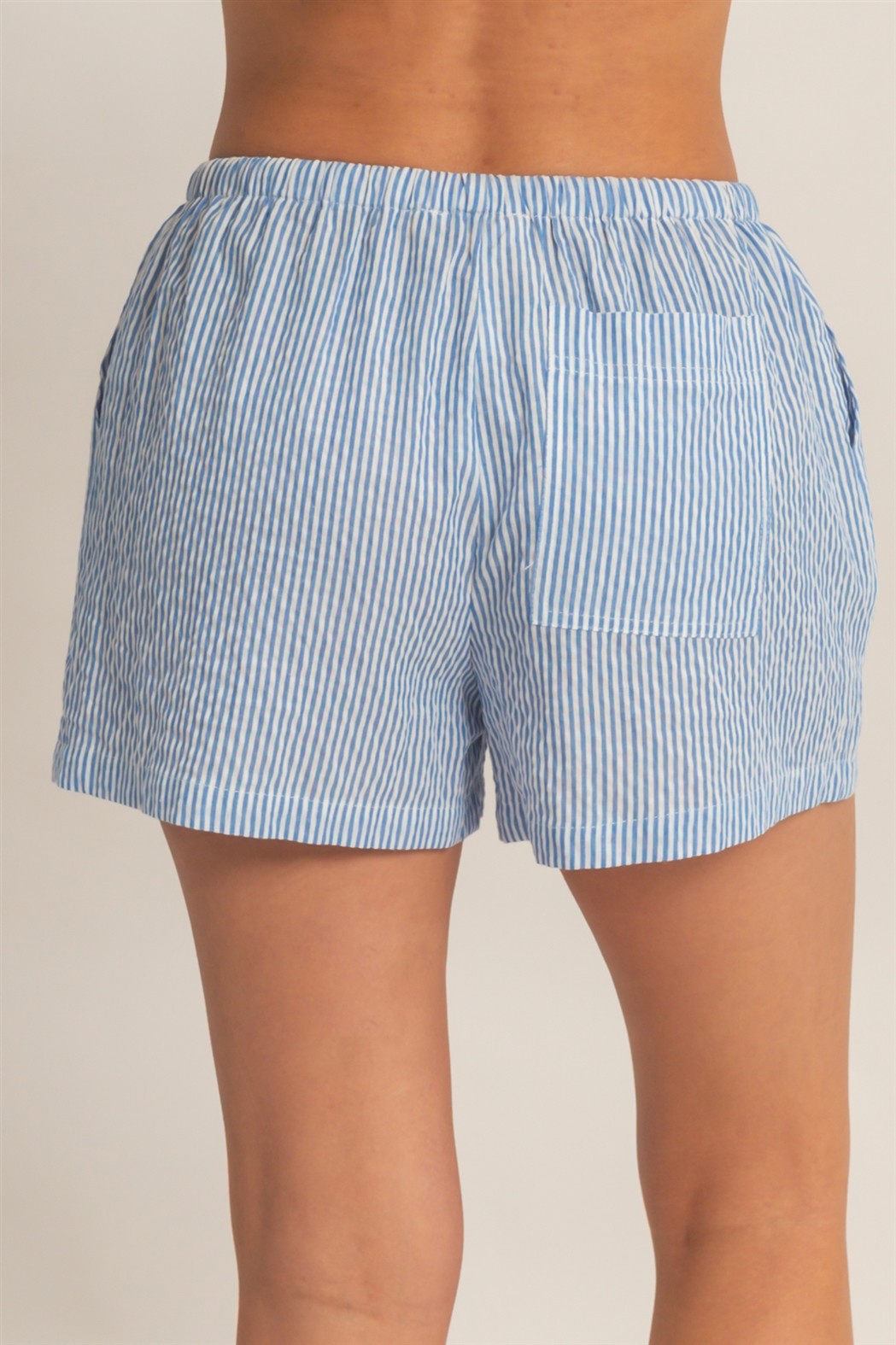 striped shorts featuring an elastic drawstring waist and relaxed summer fit