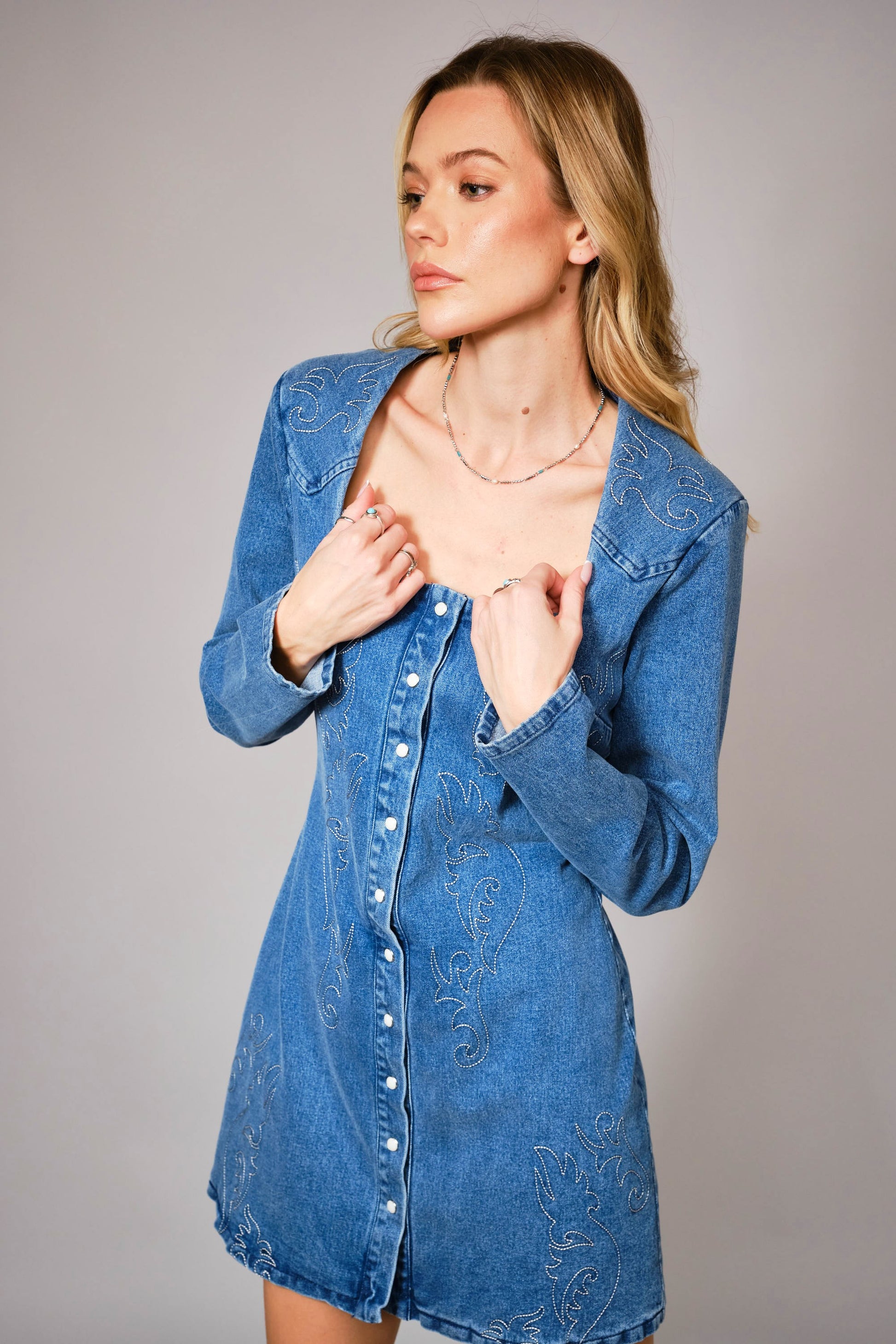 Linnea Embroidered Stretch Denim Mini Dress Pieces & Peaches Linnea Embroidered Stretch Denim Mini Dress Pieces & Peaches