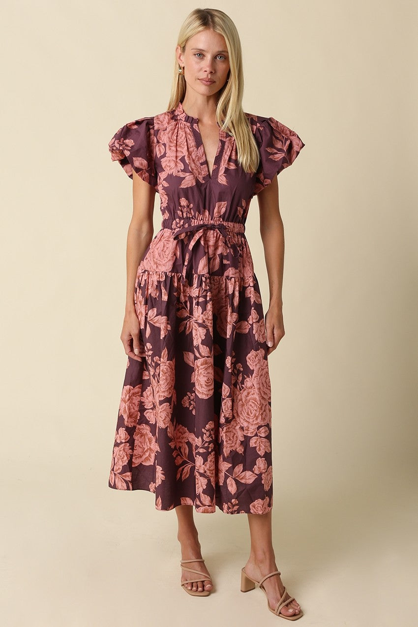 Lilah Floral Bubble Sleeve Midi Dress