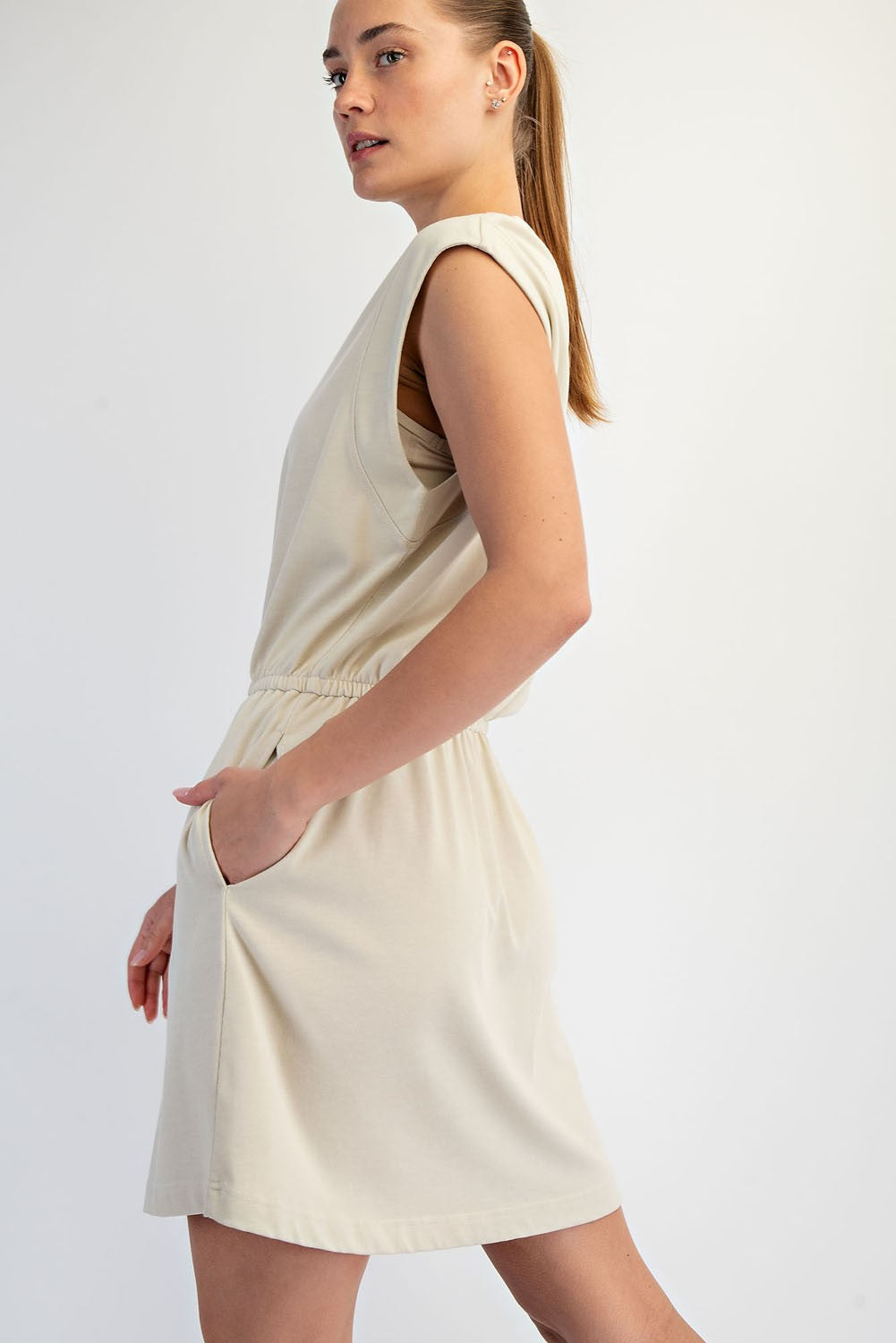 Mineral washed cotton sleeveless mini dress with cinched waist.
