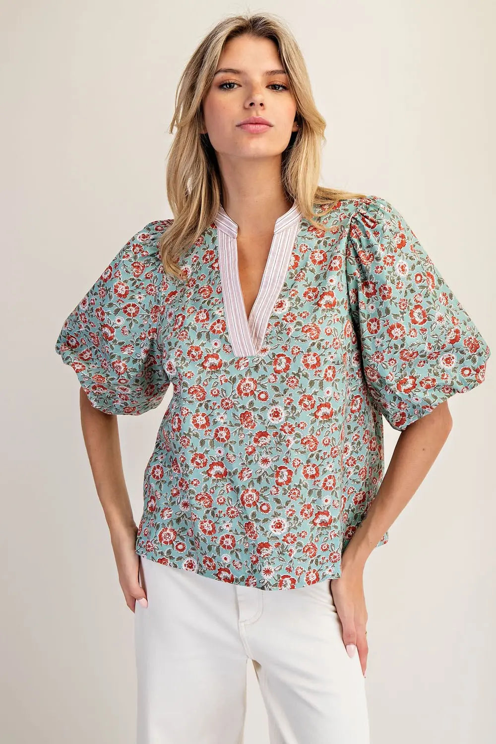 Harper Floral Stripe Trim Puff Sleeve Blouse