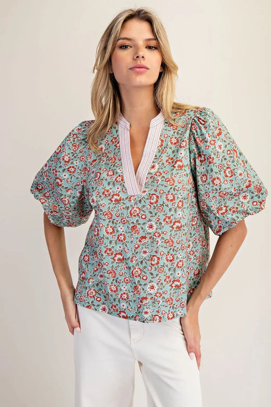 Harper Floral Stripe Trim Puff Sleeve Blouse