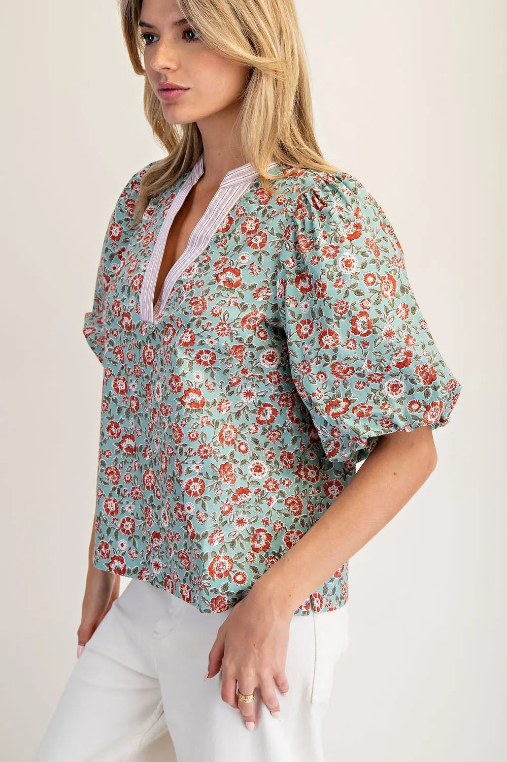 Harper Floral Stripe Trim Puff Sleeve Blouse