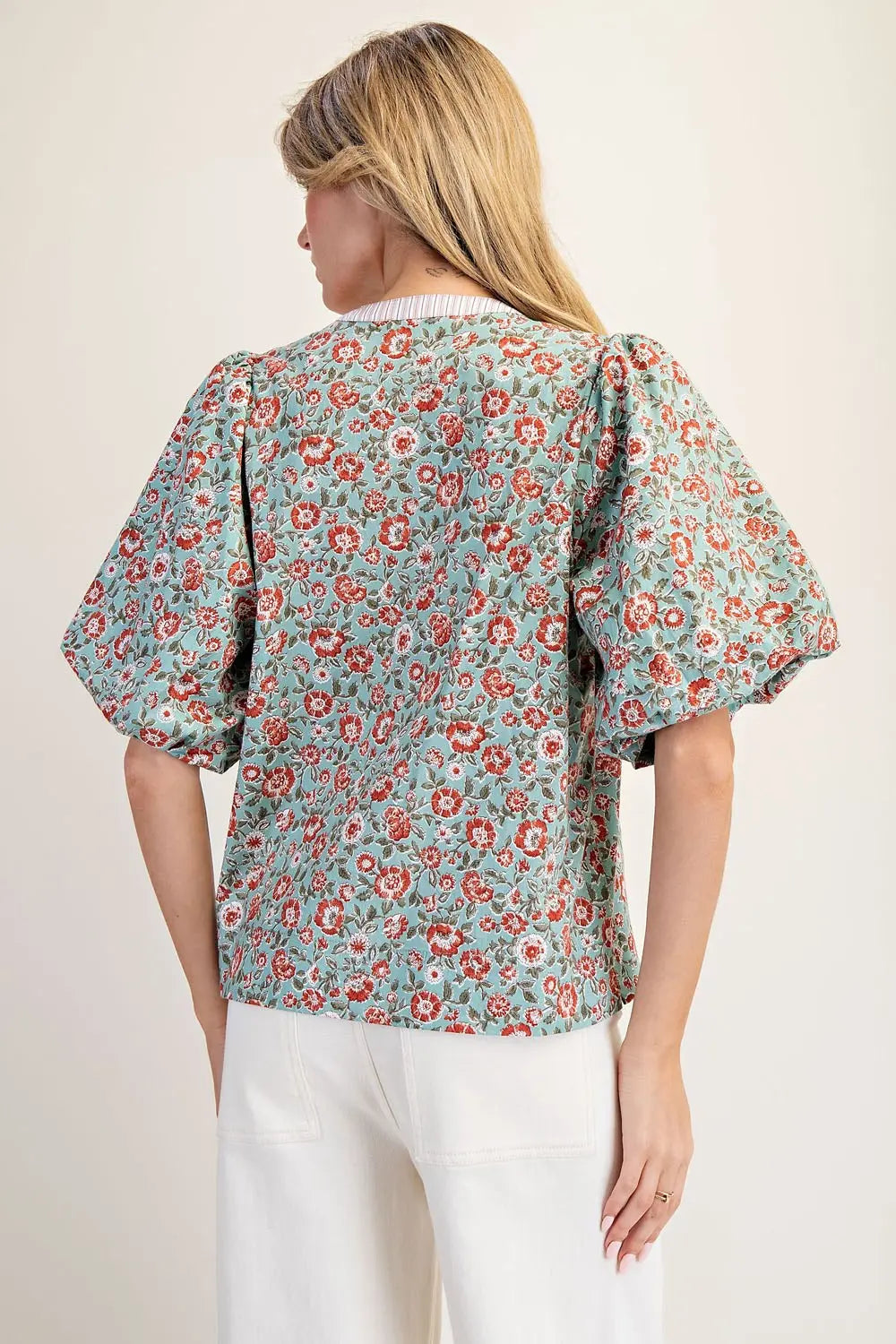 Harper Floral Stripe Trim Puff Sleeve Blouse