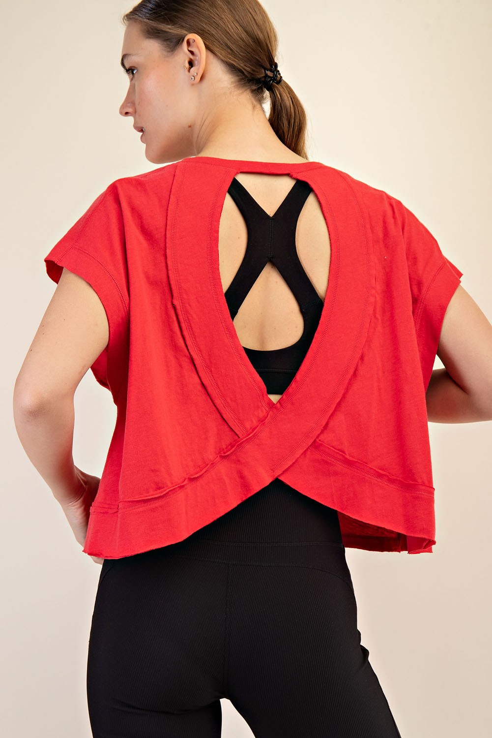 Oversized cotton slub cropped short sleeve top with open back detail