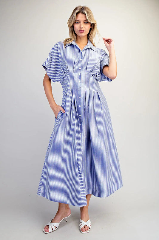 Striped maxi dress with dolman sleeves, collared neckline, and pleated waist