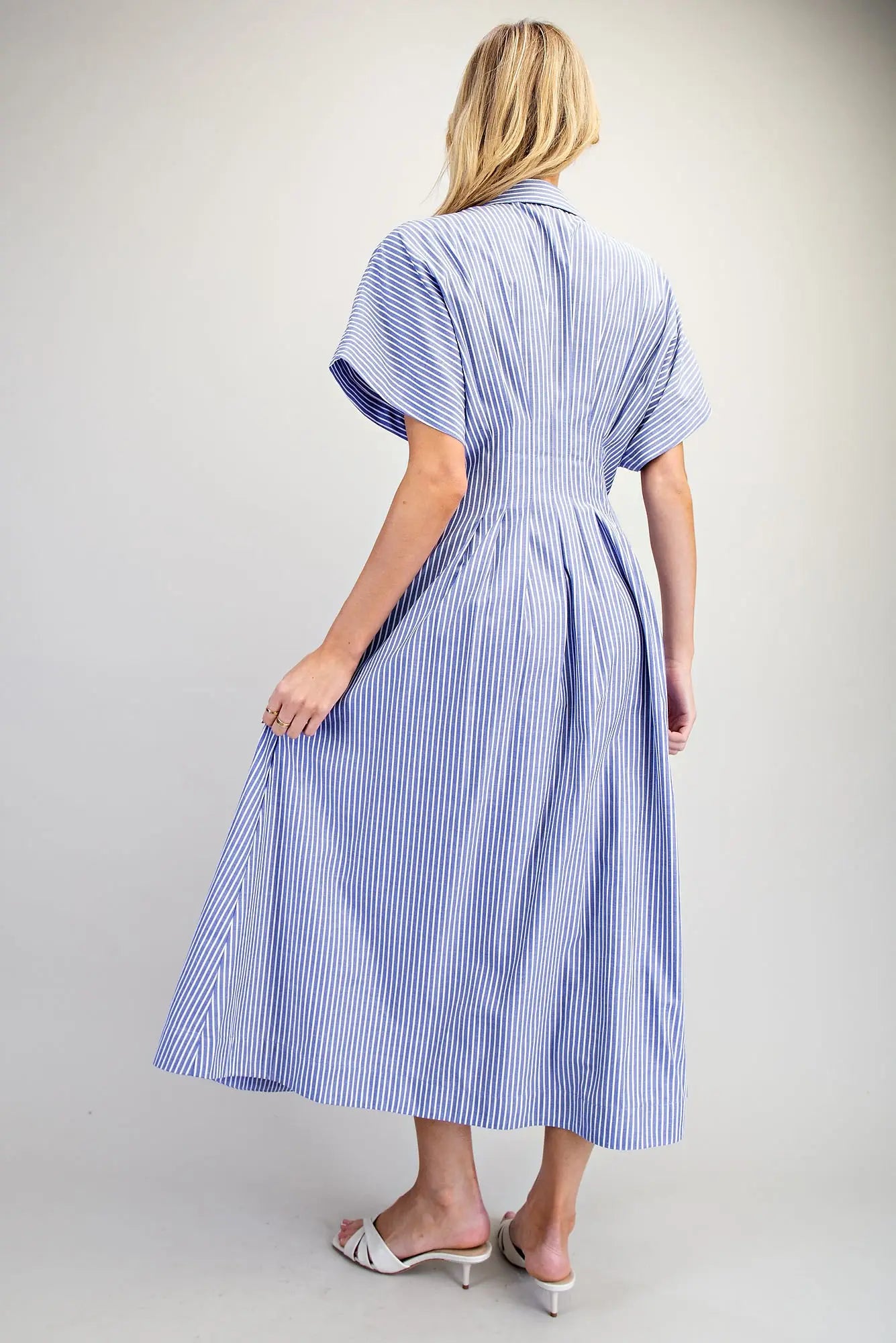 Striped maxi dress with dolman sleeves, collared neckline, and pleated waist
