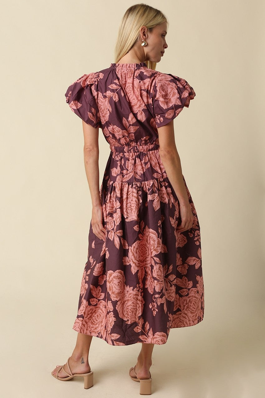 Lilah Floral Bubble Sleeve Midi Dress