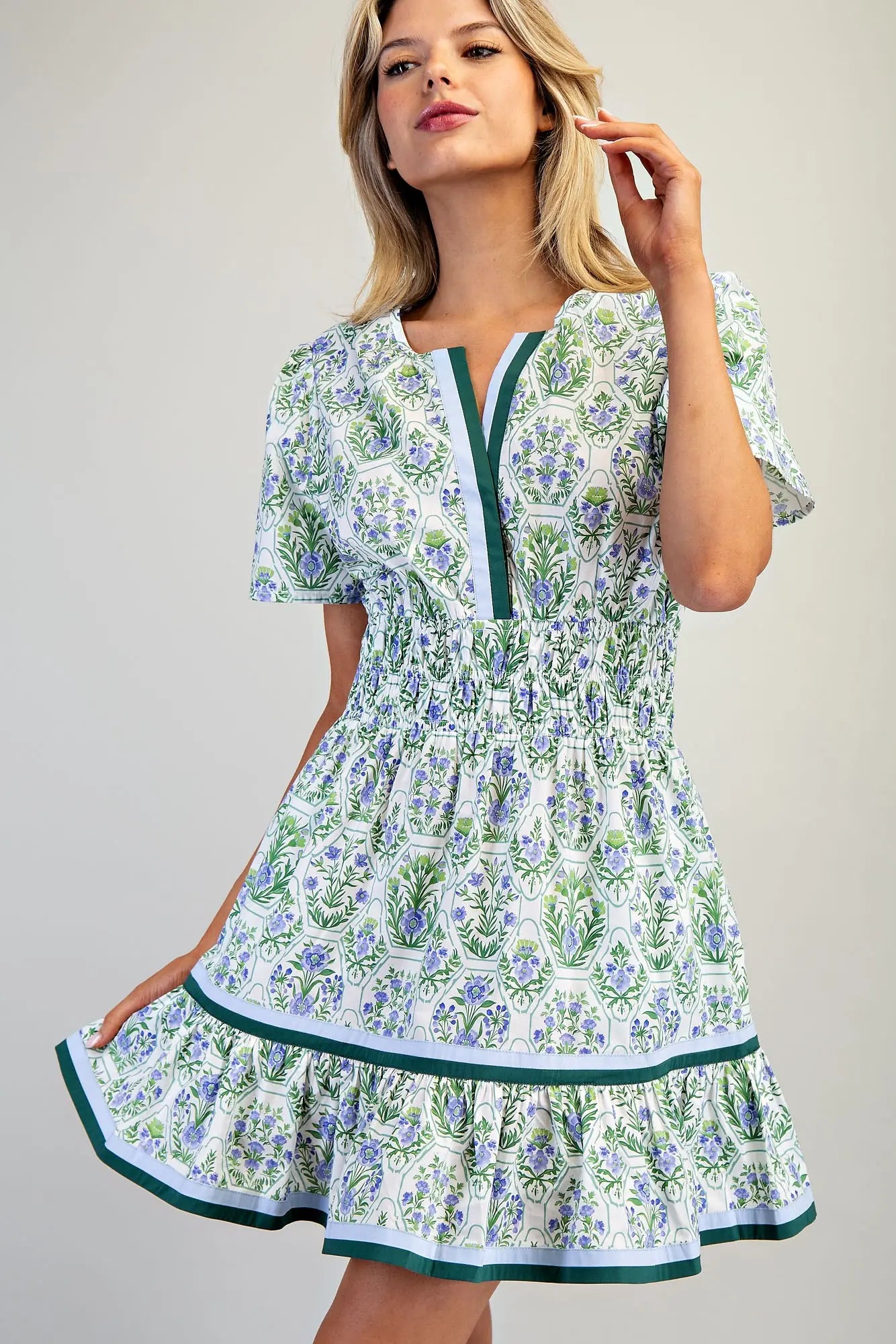 Floral printed mini dress with smocked waist