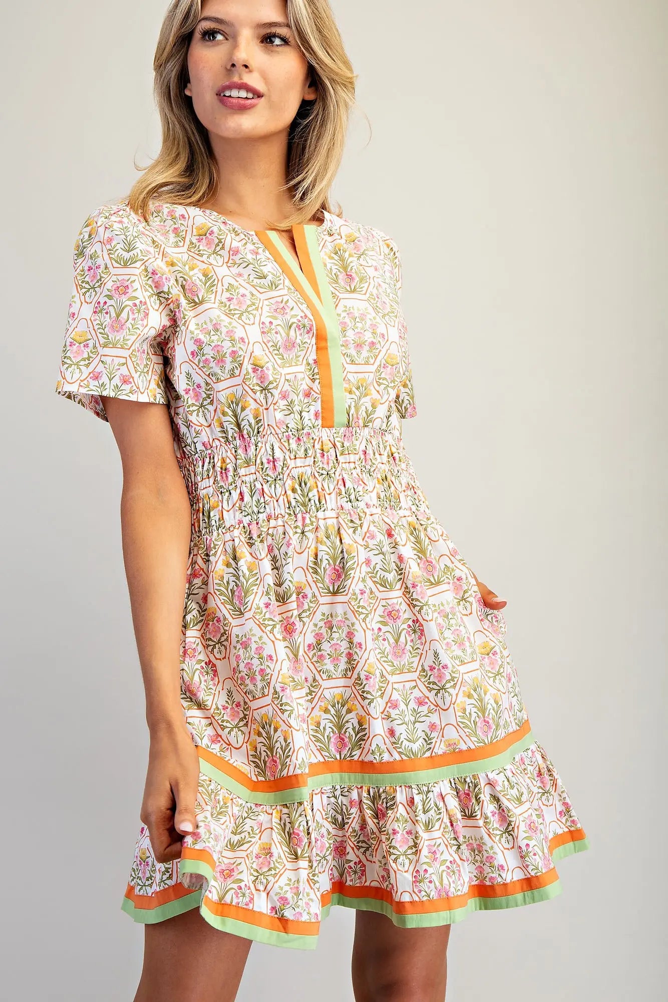 Floral printed mini dress with smocked waist