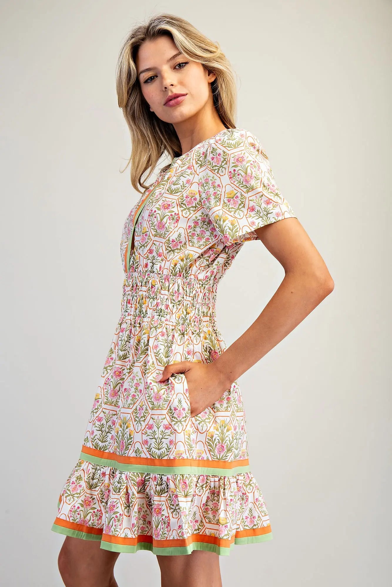 Floral printed mini dress with smocked waist