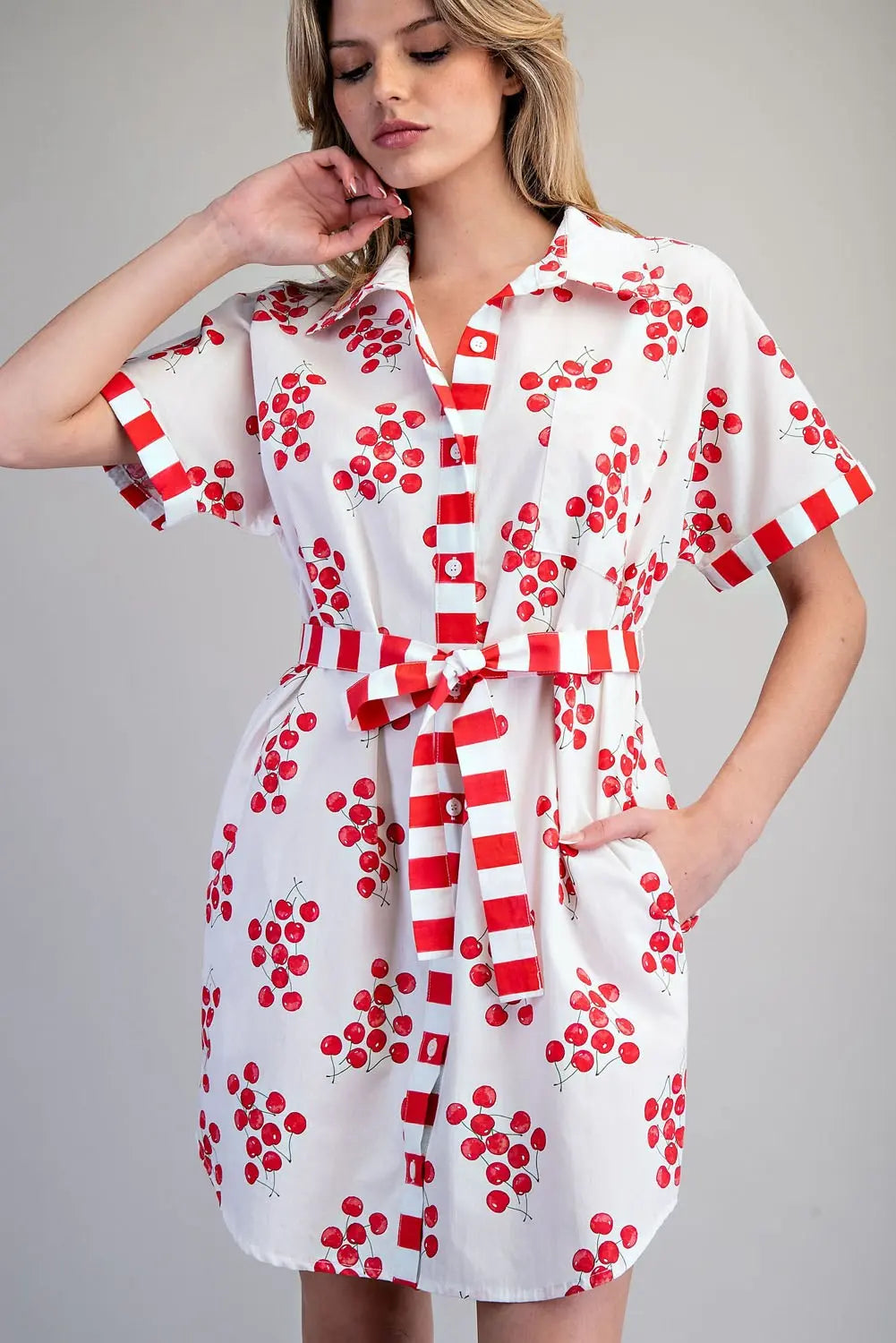 Cherry print mini shirt dress with striped tie belt
