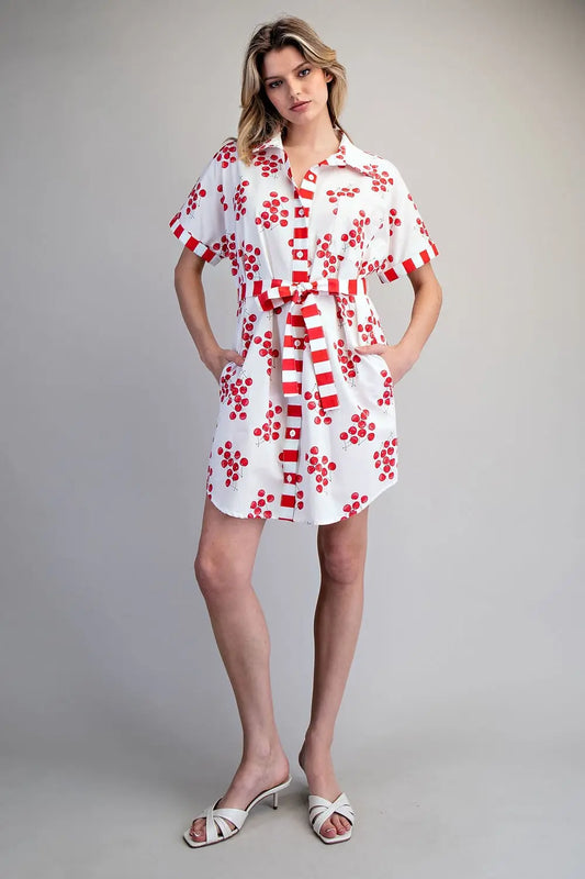 Cherry print mini shirt dress with striped tie belt