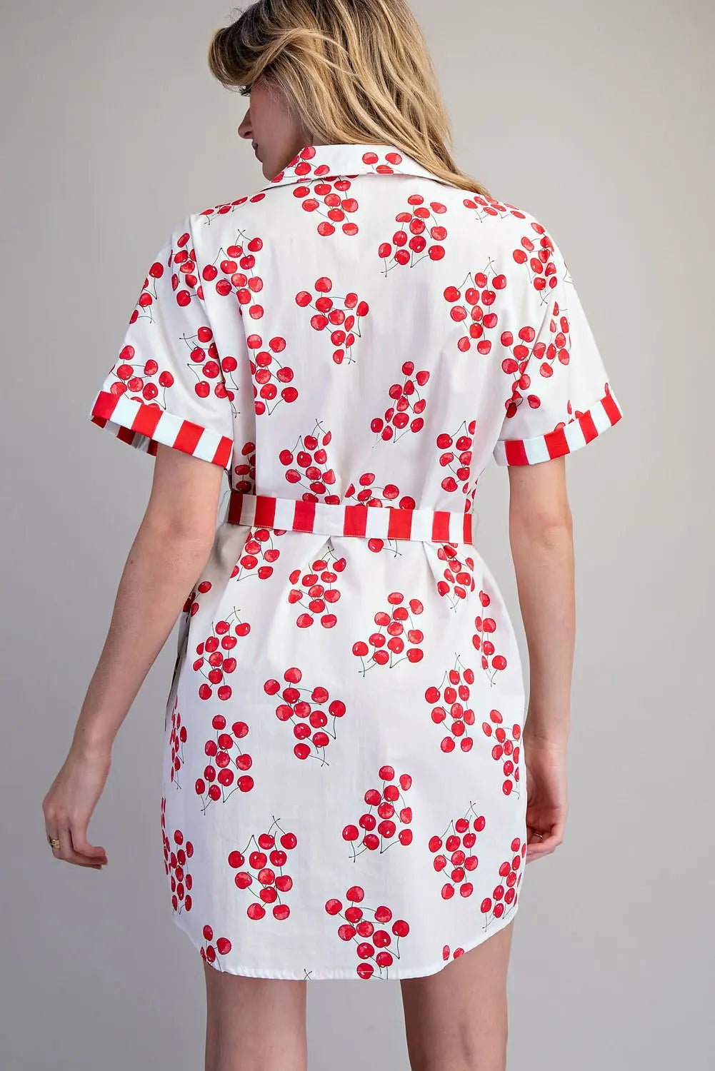 Cherry print mini shirt dress with striped tie belt