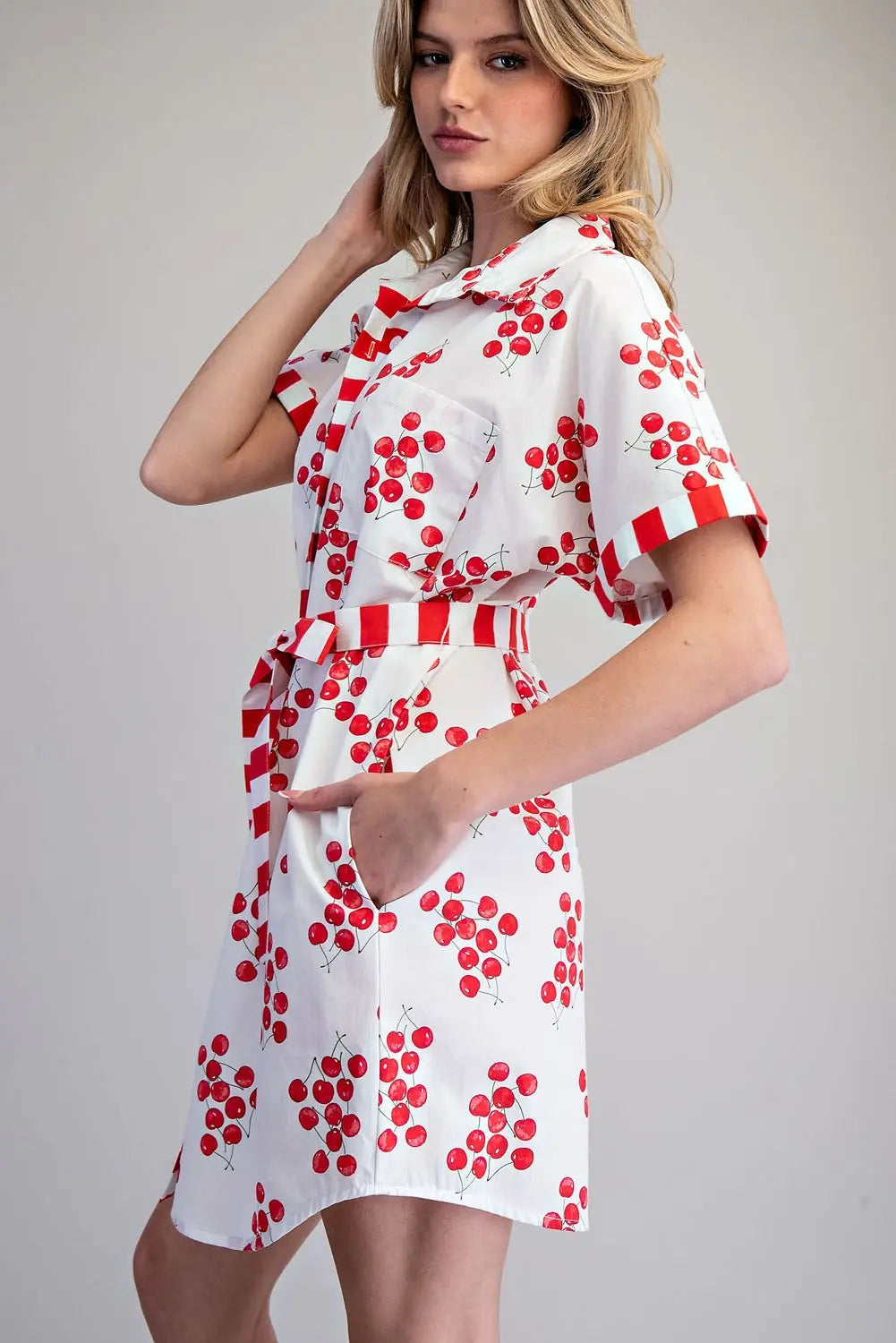 Cherry print mini shirt dress with striped tie belt