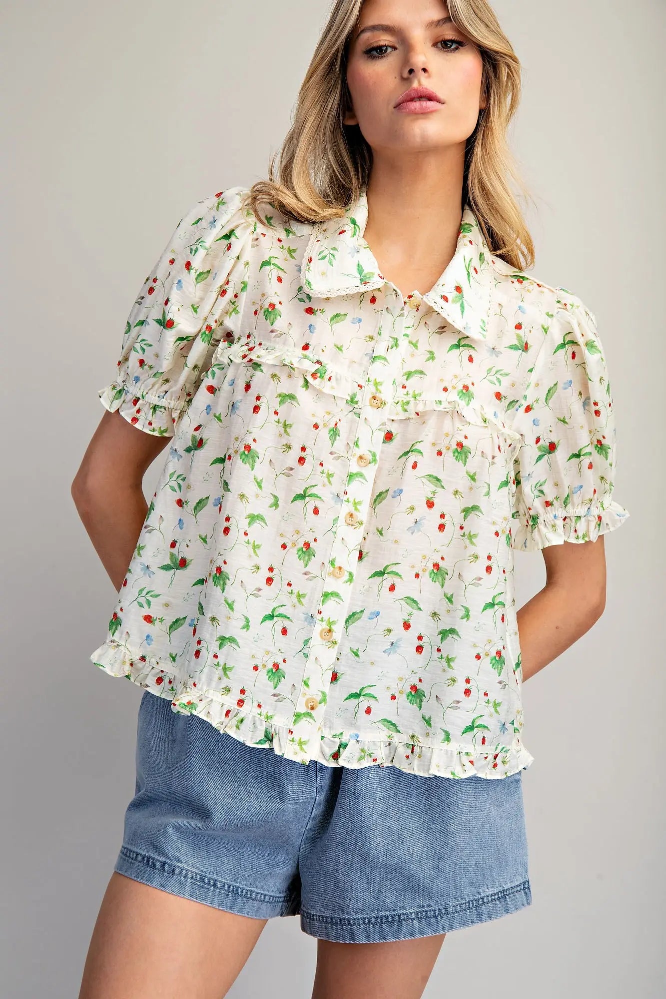 Strawberry printed ruffled sleeve blouse