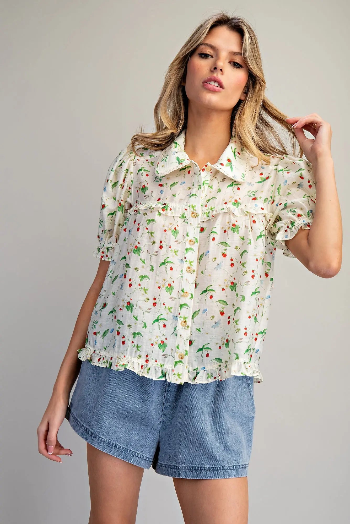 Strawberry printed ruffled sleeve blouse