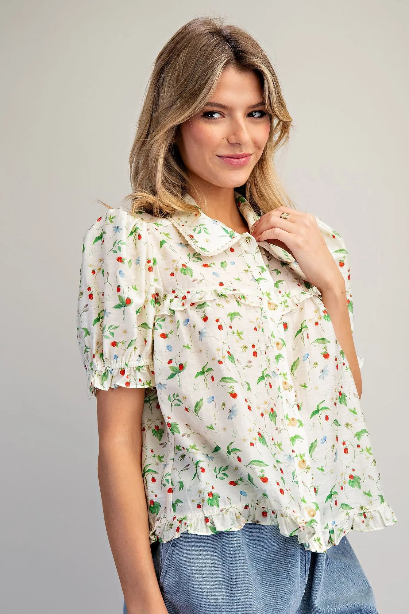 Strawberry printed ruffled sleeve blouse