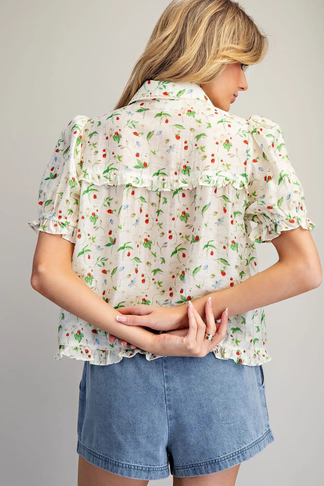 Strawberry printed ruffled sleeve blouse