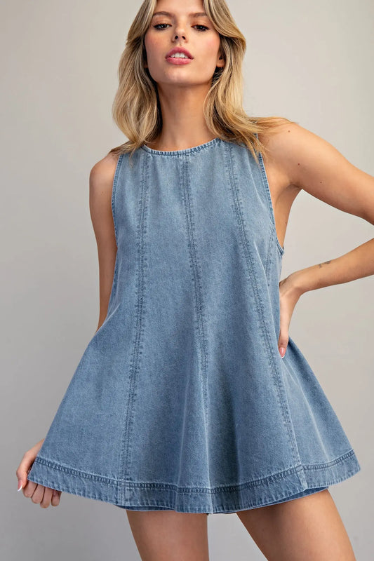 Sleeveless A-line denim top with high neckline