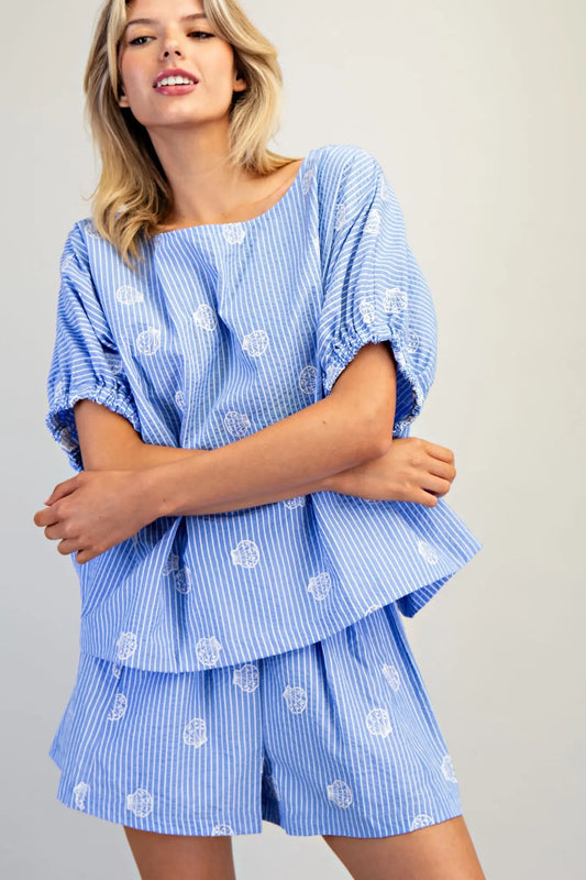 Seashell pinstriped top with boat neckline and dolman sleeves