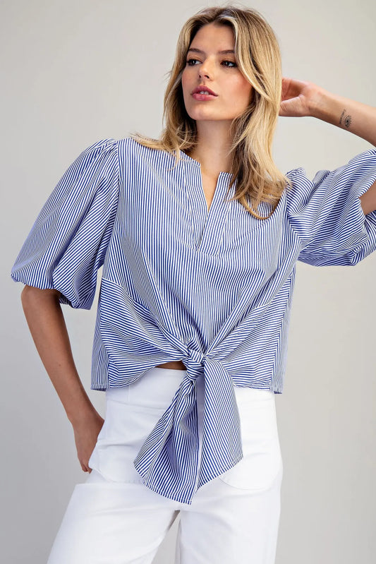 Women’s striped puff sleeve top with button back closure