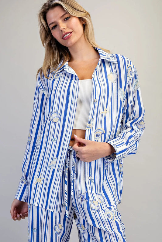 Seashell striped button down shirt with coastal print
