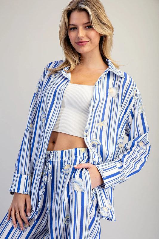 Seashell striped button down shirt with coastal print