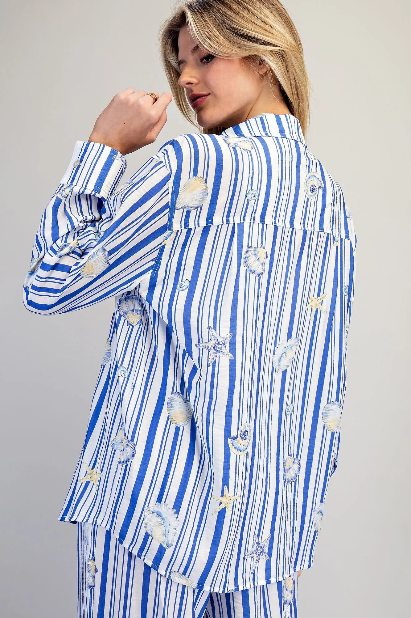 Seashell striped button down shirt with coastal print