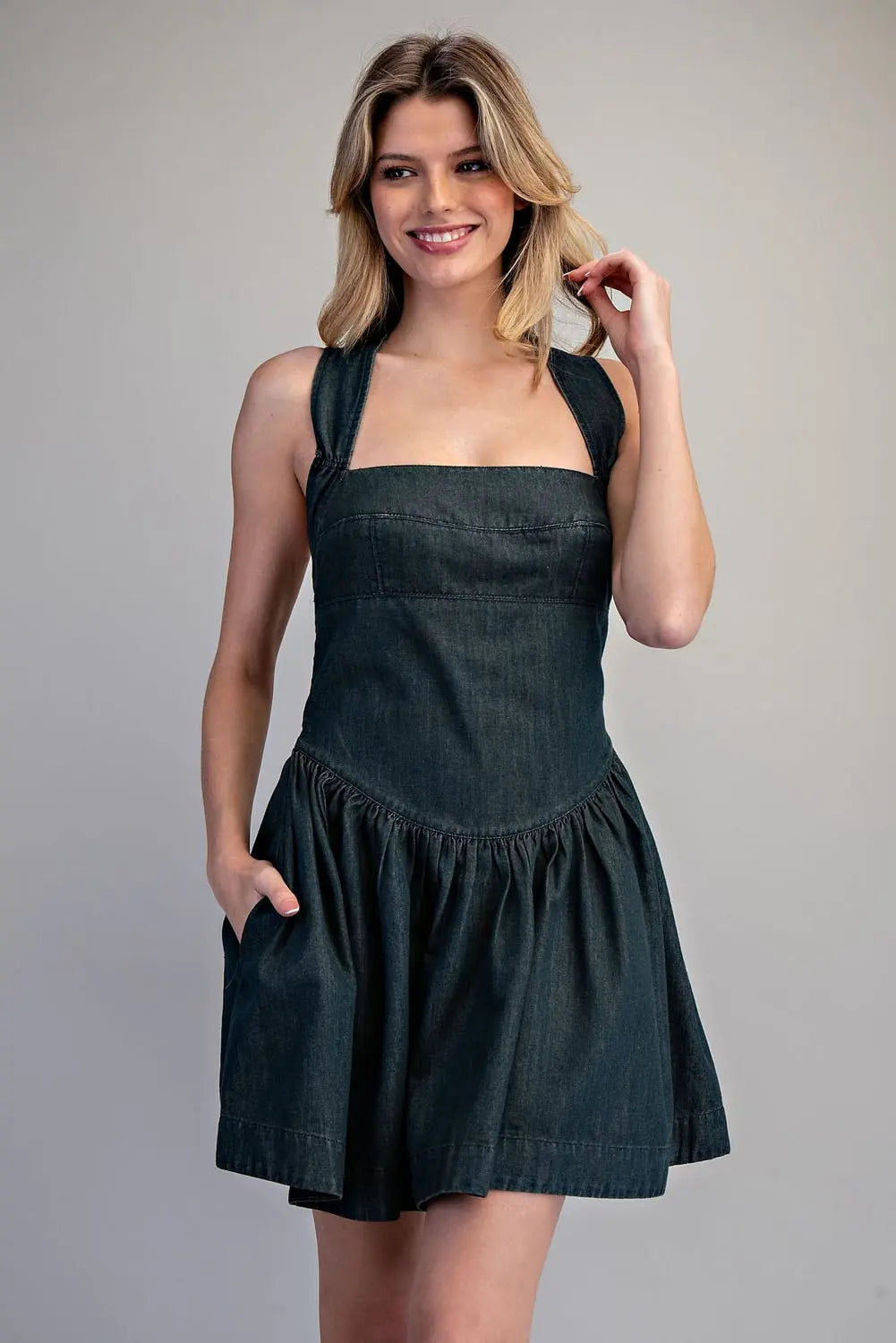 Mineral Washed Tie-Back Mini Dress