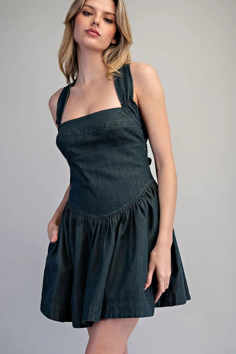 Mineral Washed Tie-Back Mini Dress