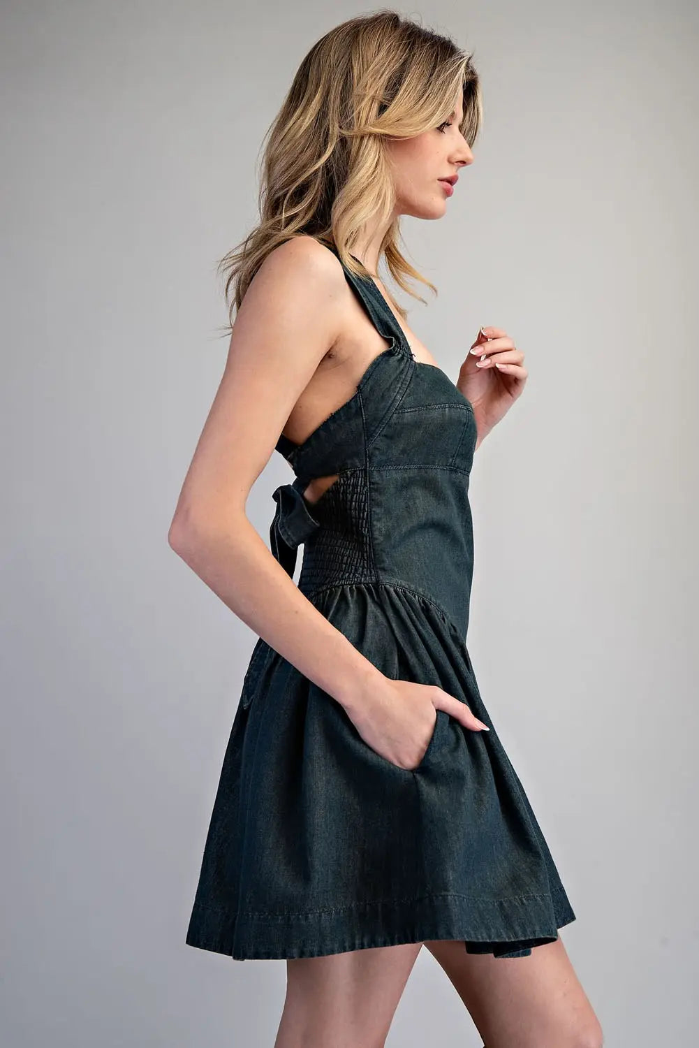 Mineral Washed Tie-Back Mini Dress