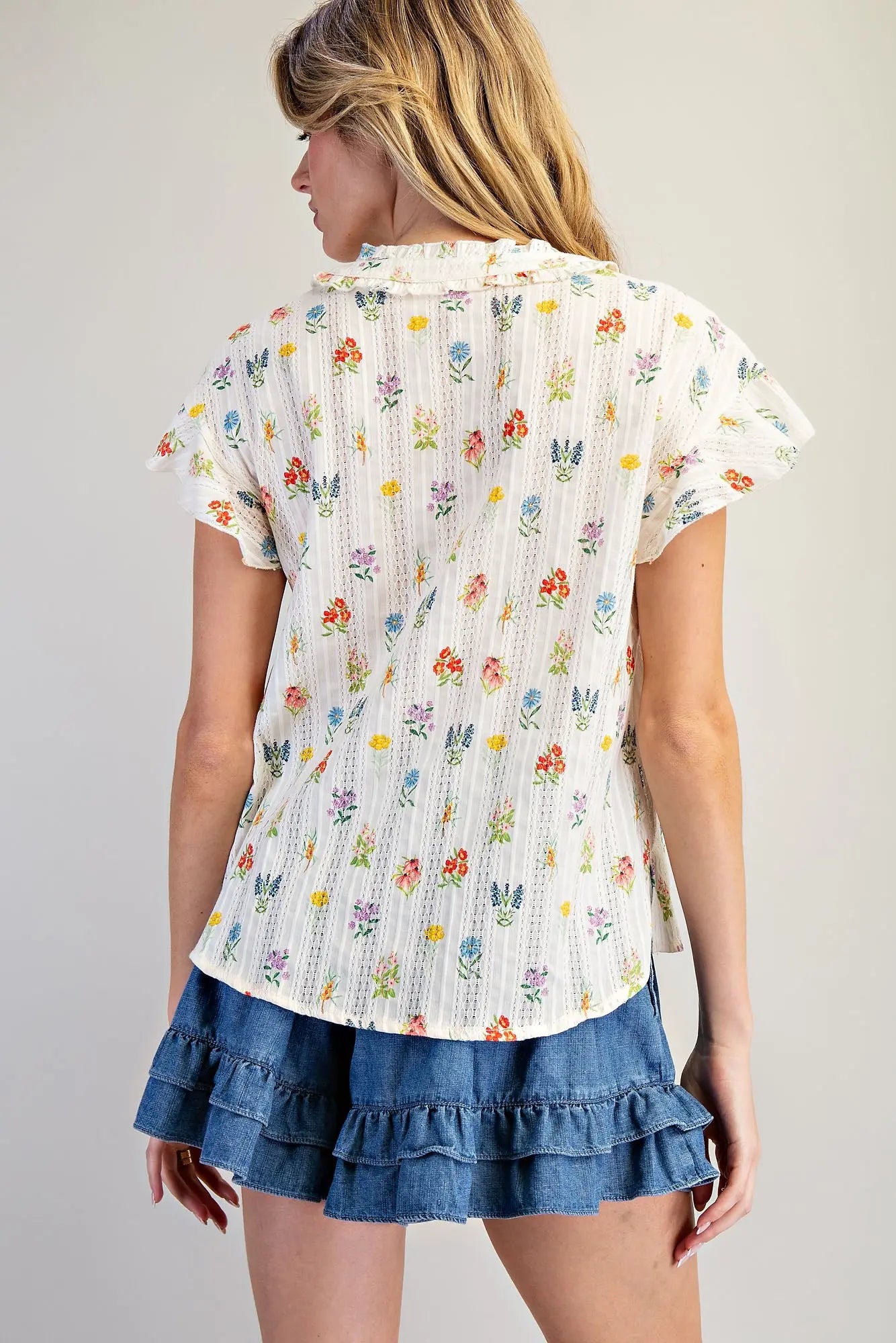 Juliette Floral Print Ruffled Split Neck Blouse