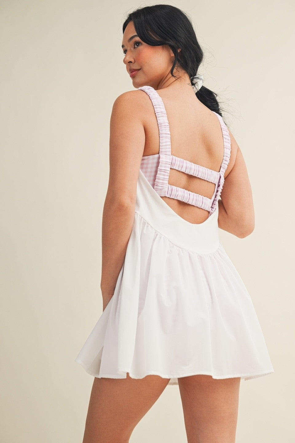 Sporty mini dress with gingham bra detail