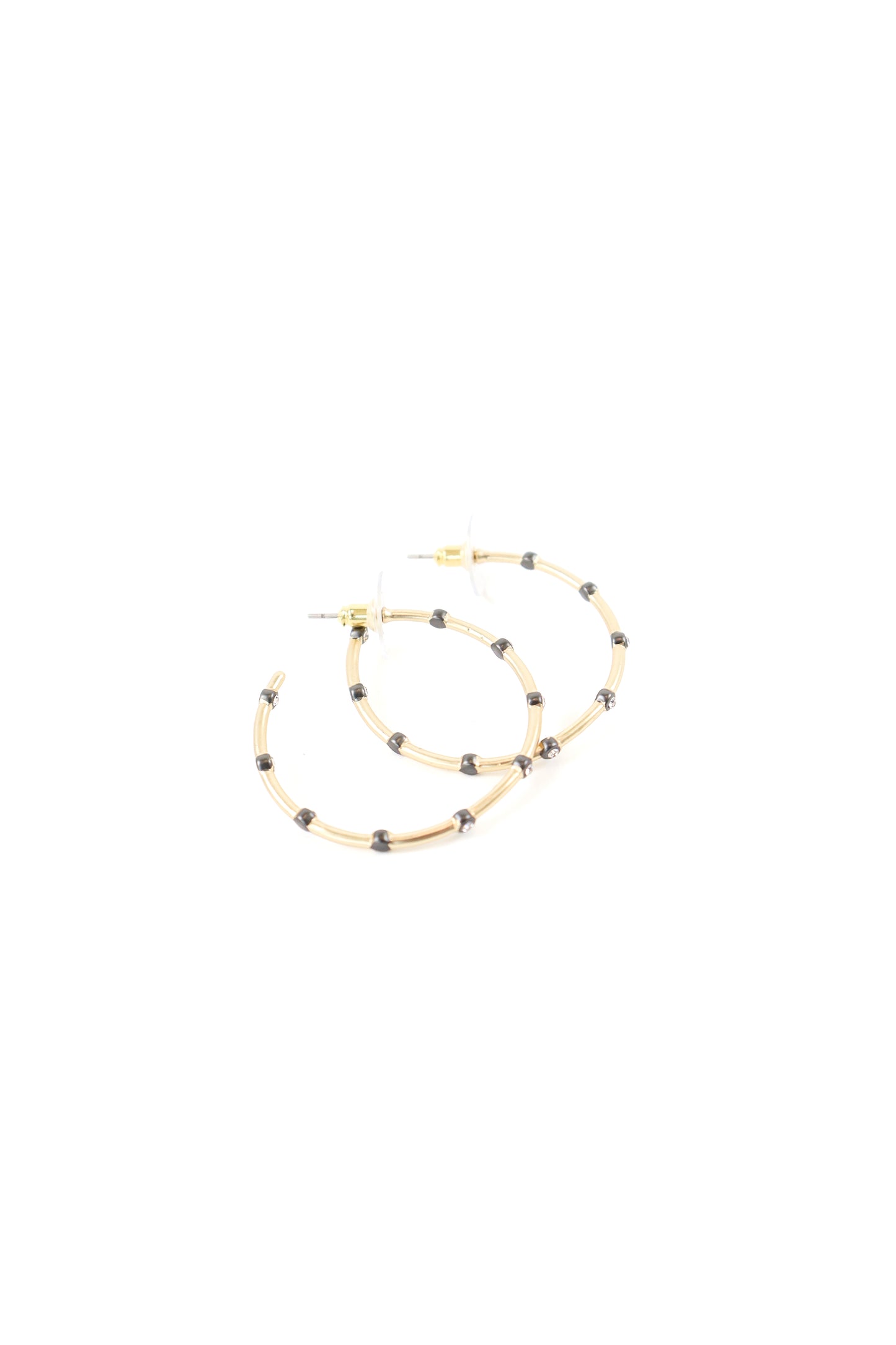 Gold hoop earrings with dark bead detailing and post-back closure