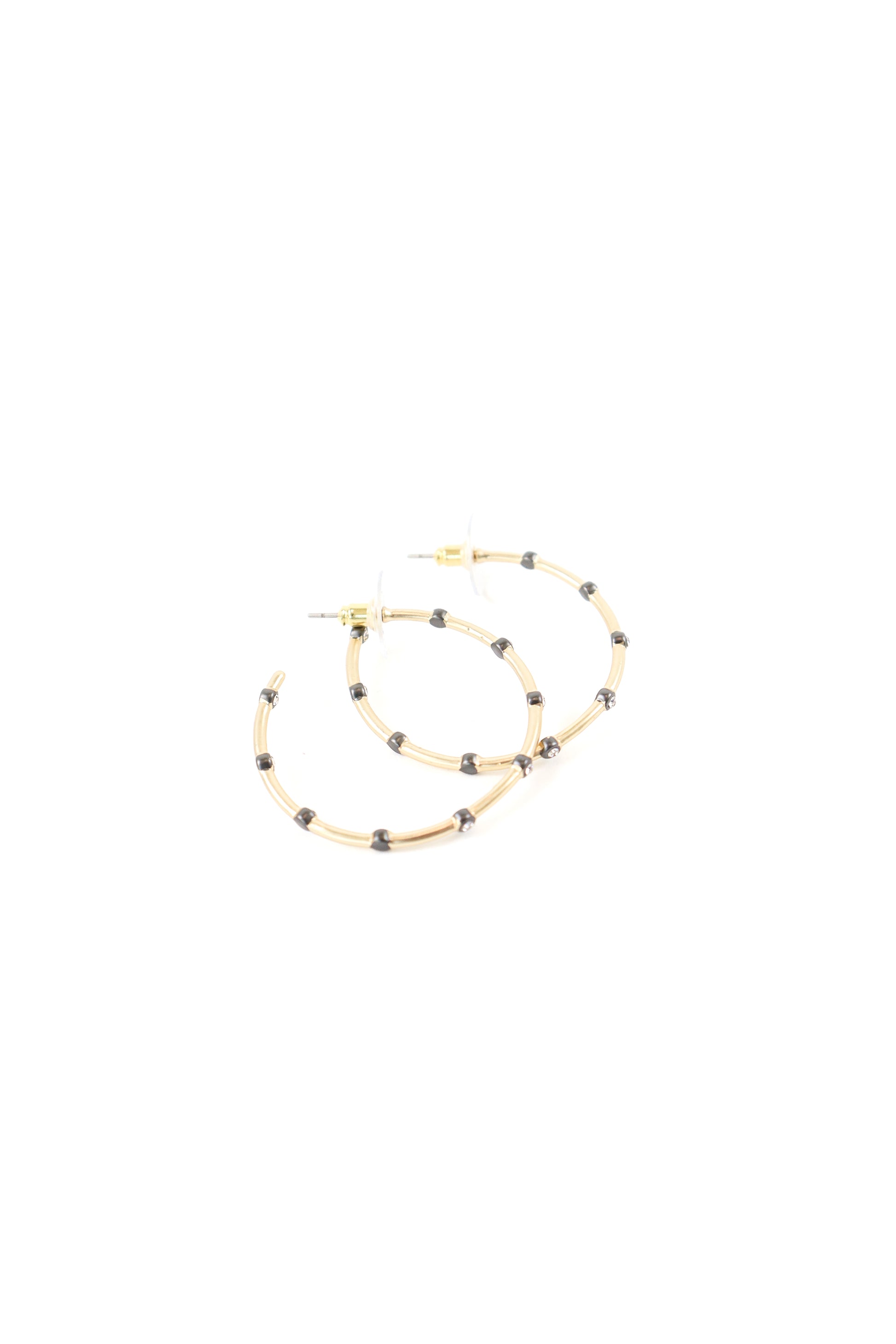 Gold hoop earrings with dark bead detailing and post-back closure