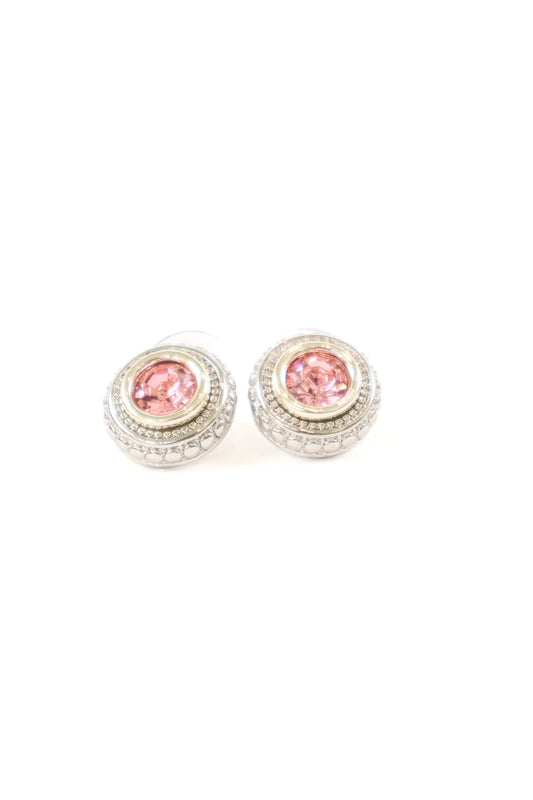 Round pink crystal stud earrings with silver and gold vintage-inspired detailing
