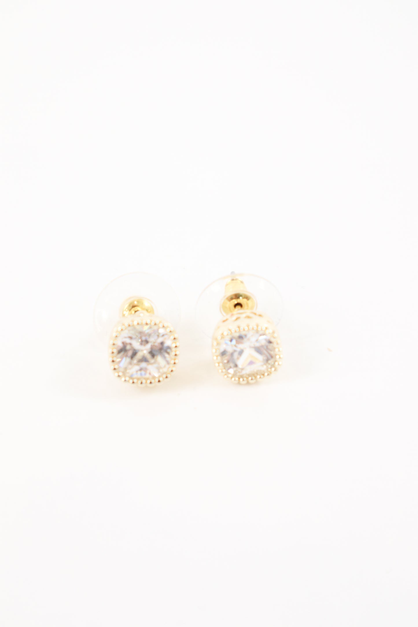 Gold cushion-cut stud earrings with clear crystal stone and beaded trim