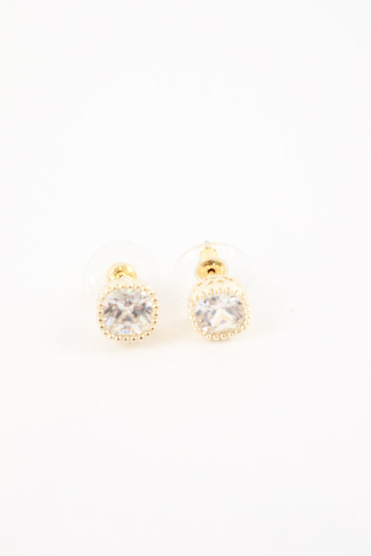 Gold cushion-cut stud earrings with clear crystal stone and beaded trim