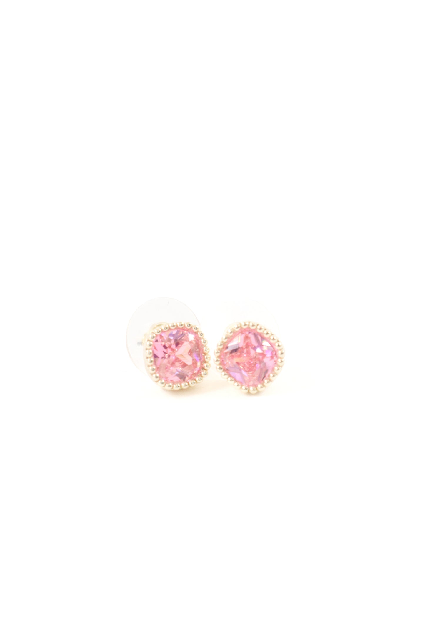Gold cushion-cut stud earrings with pink crystal stone and beaded trim